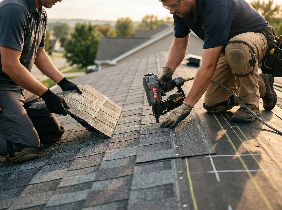 Professional roofer working on a residential roof in Dale City